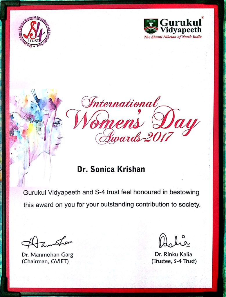 International Women's Day Award, 11.03.17 Dr. Sonica Krishan